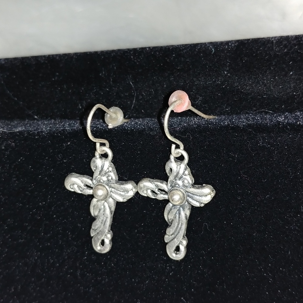 Cross silver pearl earrings